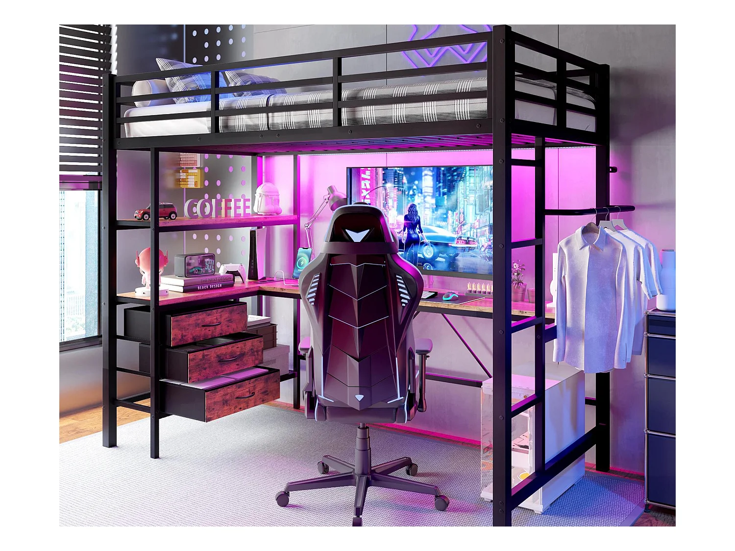 Hochbett 90x200 cm - mit LED-Beleuchtung - mit Schreibtisch - mit 3 Schubladen - schwarz (ohne Matratze)
