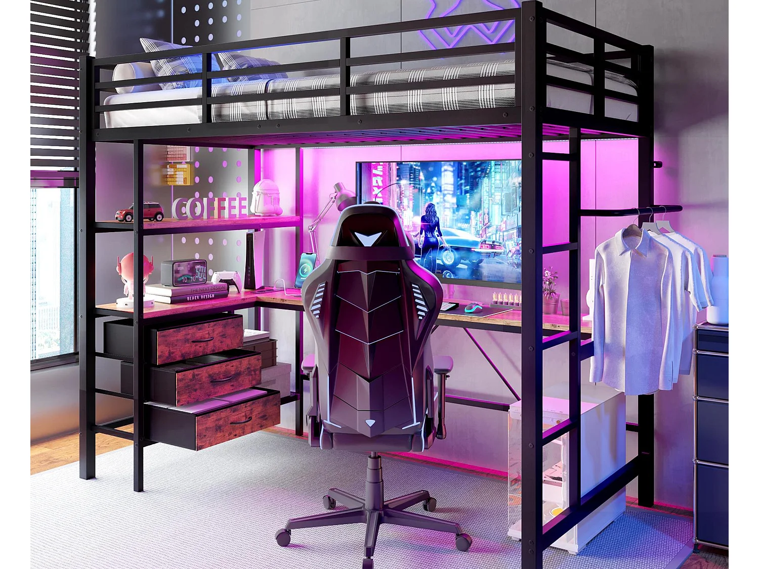 Hochbett 90x200 cm - mit LED-Beleuchtung - mit Schreibtisch - mit 3 Schubladen - schwarz (ohne Matratze)