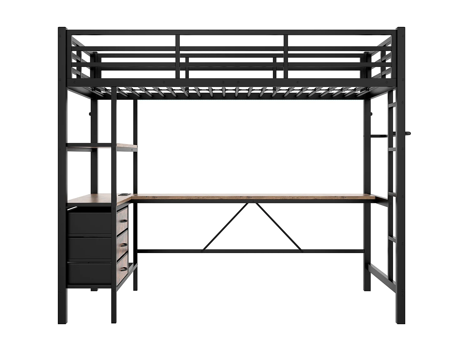 Hochbett 90x200 cm - mit LED-Beleuchtung - mit Schreibtisch - mit 3 Schubladen - schwarz (ohne Matratze)