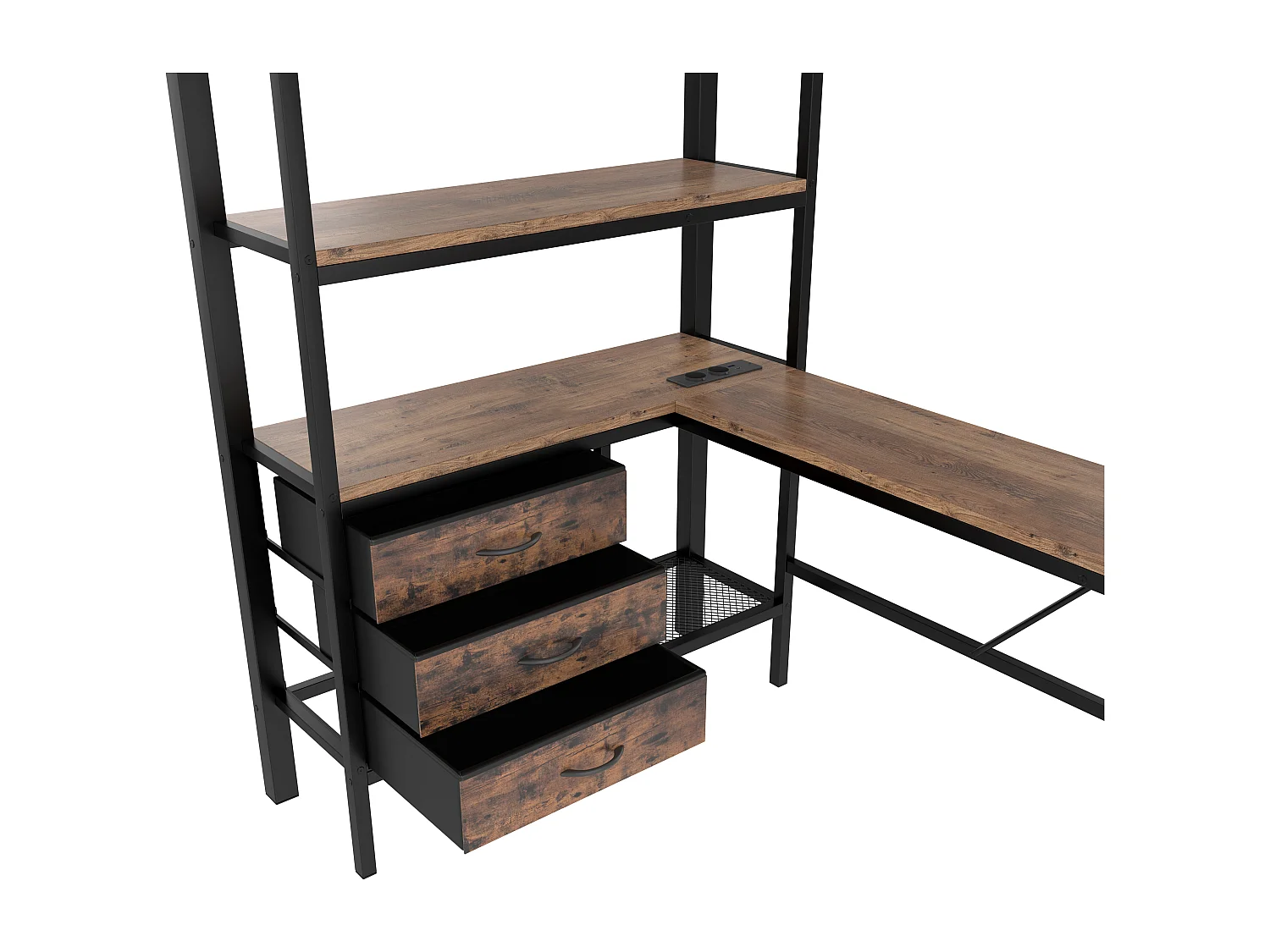 Hochbett 90x200 cm - mit LED-Beleuchtung - mit Schreibtisch - mit 3 Schubladen - schwarz (ohne Matratze)