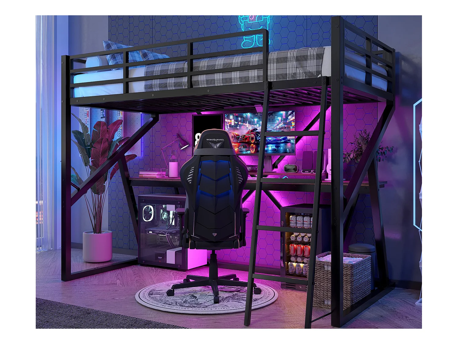 Cama altillo 90x200 cm - estructura de hierro - con iluminación LED - con rampa + escalera - con escritorio - negro