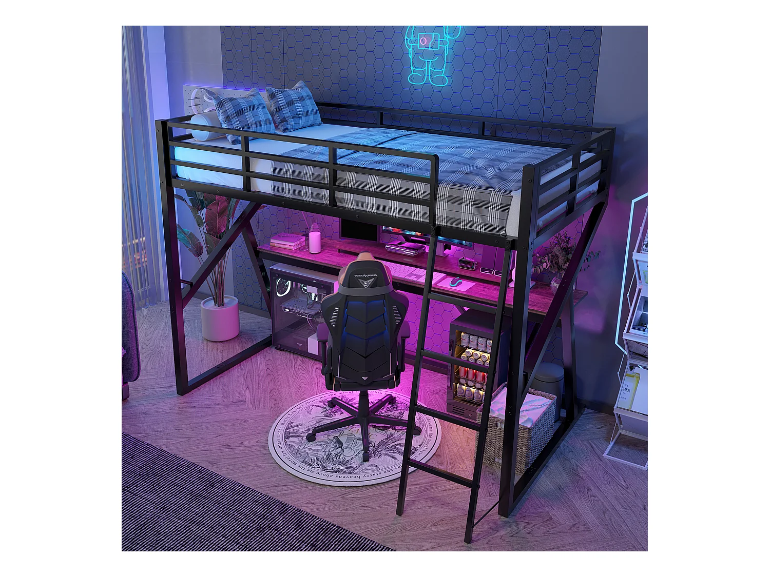 Cama altillo 90x200 cm - estructura de hierro - con iluminación LED - con rampa + escalera - con escritorio - negro