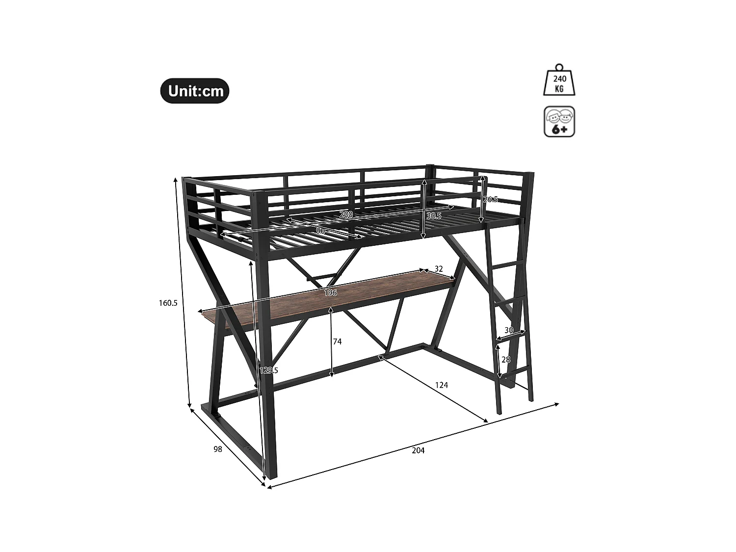 Cama altillo 90x200 cm - estructura de hierro - con iluminación LED - con rampa + escalera - con escritorio - negro