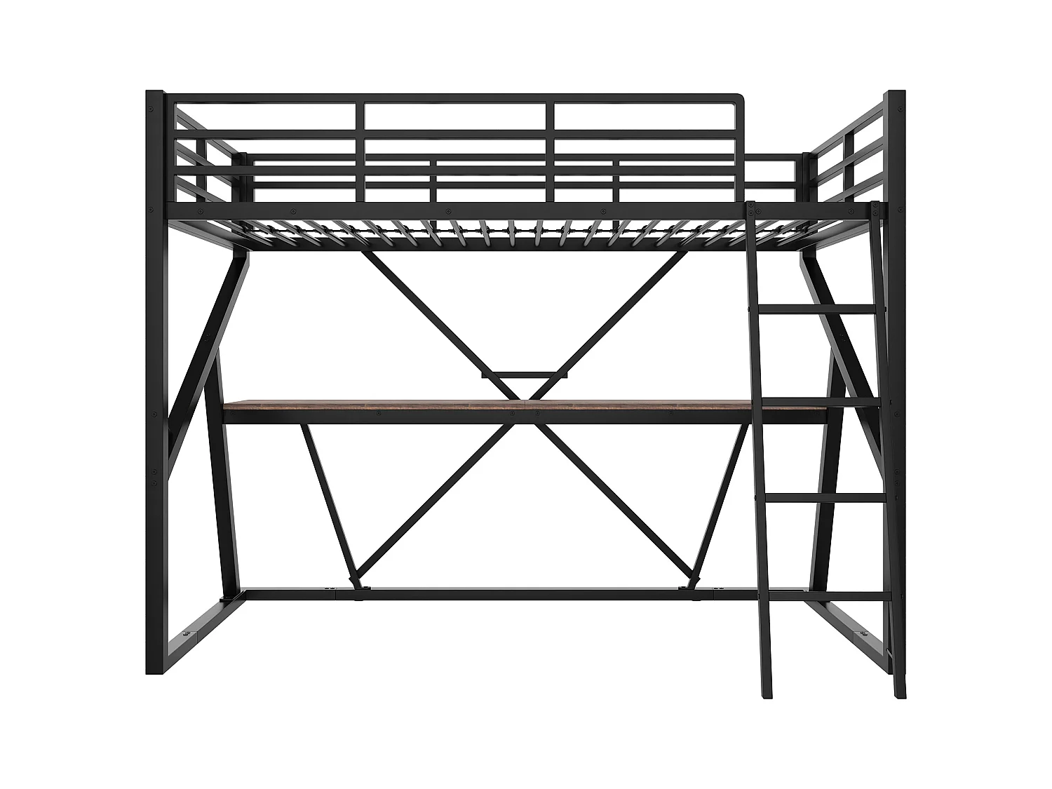 Cama altillo 90x200 cm - estructura de hierro - con iluminación LED - con rampa + escalera - con escritorio - negro