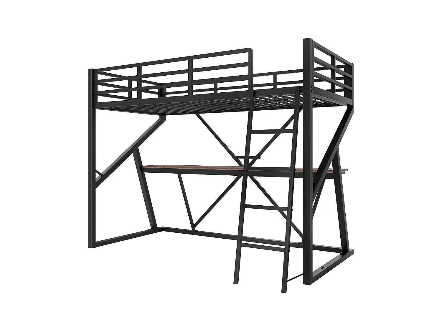 Cama altillo 90x200 cm - estructura de hierro - con iluminación LED - con rampa + escalera - con escritorio - negro