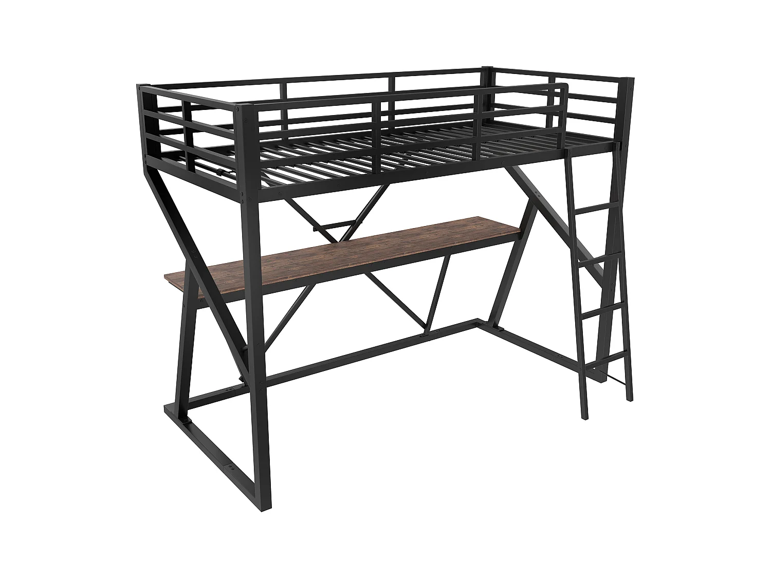 Cama altillo 90x200 cm - estructura de hierro - con iluminación LED - con rampa + escalera - con escritorio - negro