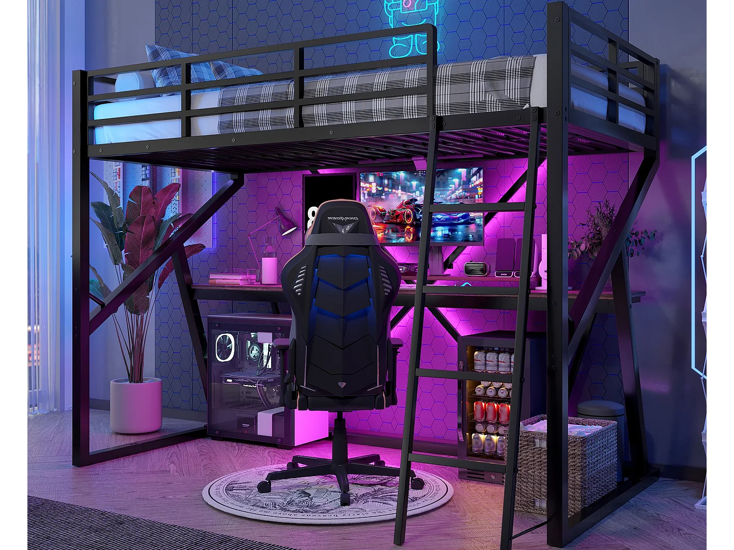 Hochbett 90x200 cm - Stahlkonstruktion - mit LED-Beleuchtung - mit Rampe + Leiter - mit Schreibtisch - schwarz