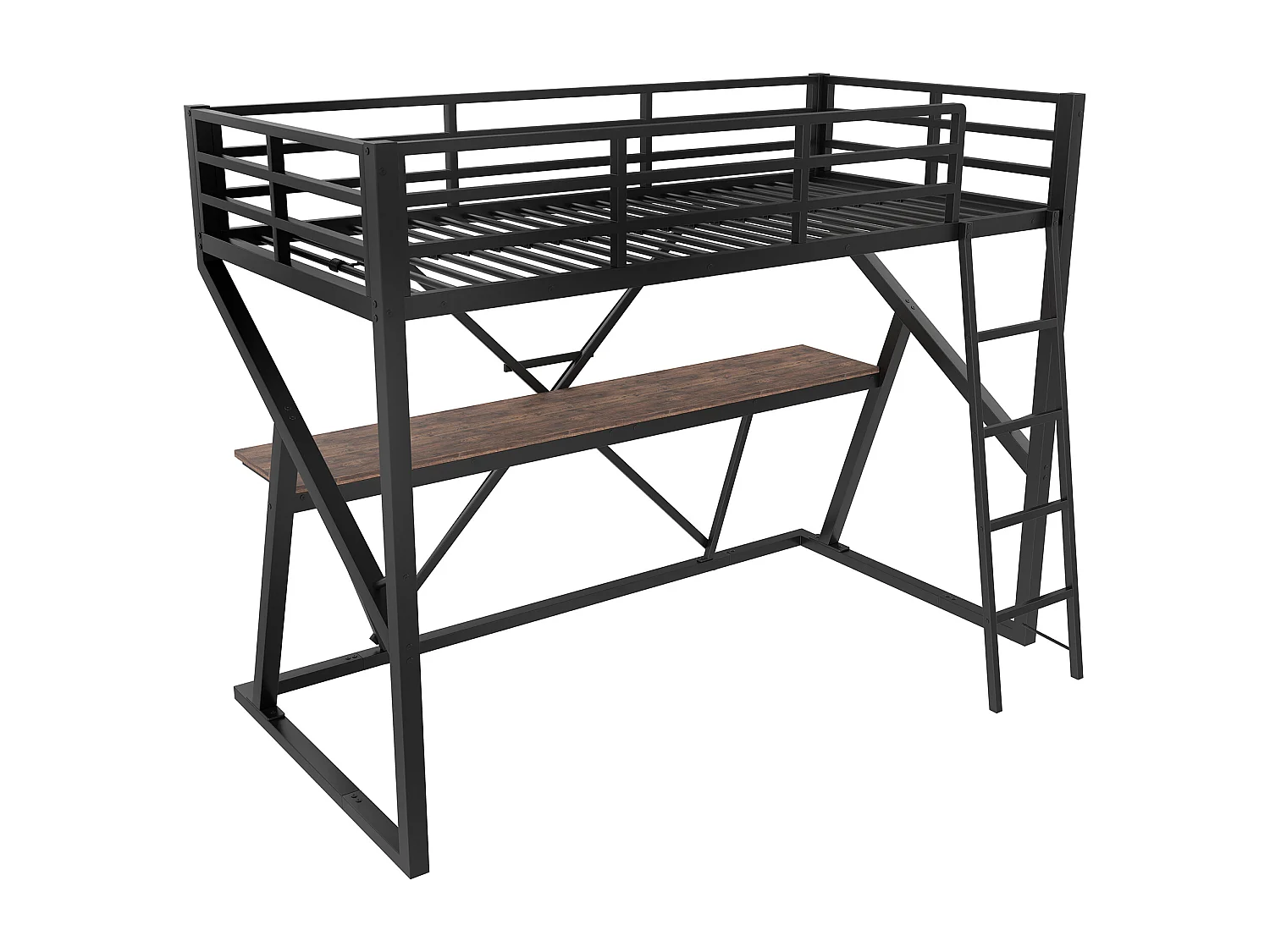 Hochbett 90x200 cm - Stahlkonstruktion - mit LED-Beleuchtung - mit Rampe + Leiter - mit Schreibtisch - schwarz