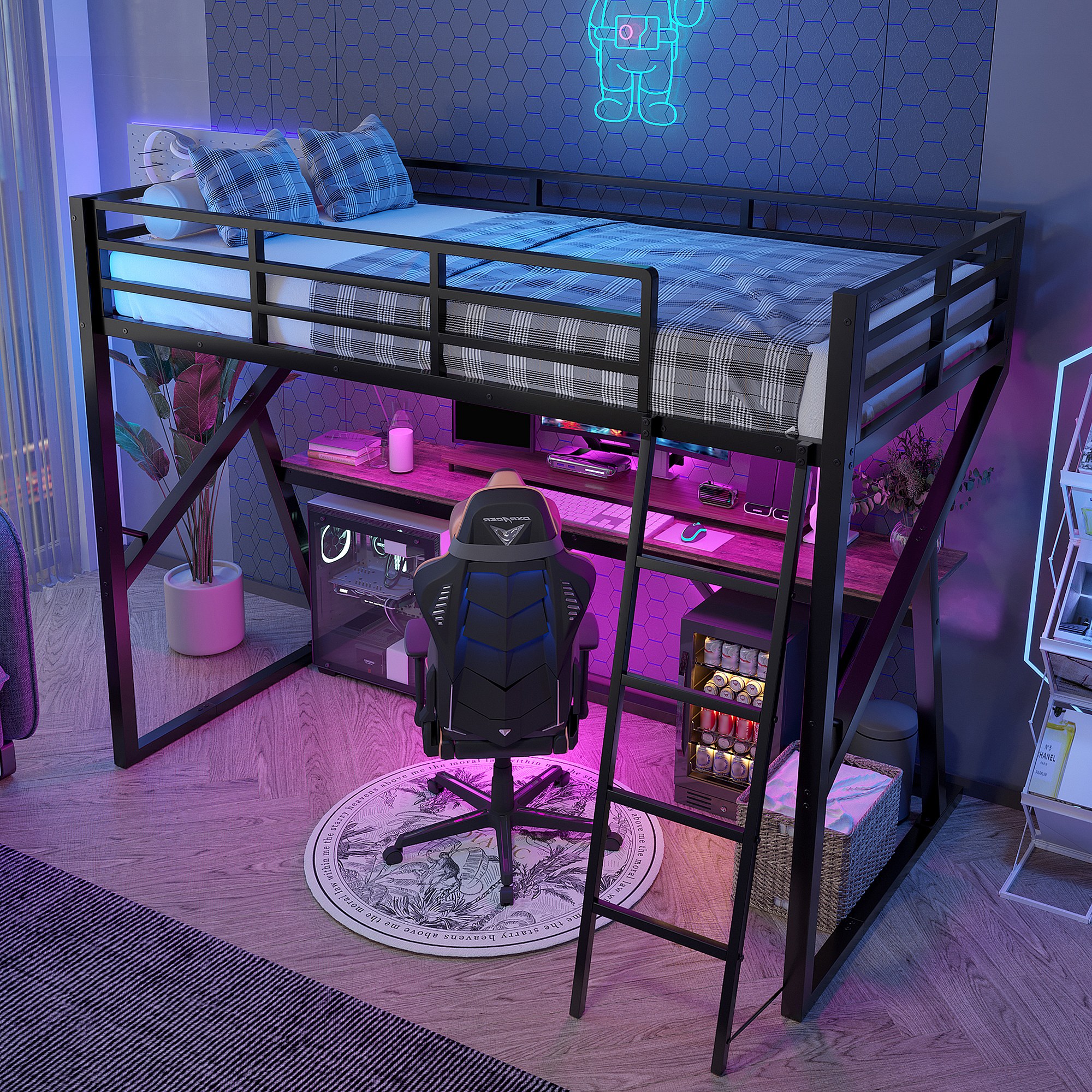 Lit Mezzanine 90x200cm Avec Bureau Intégré, LED, étagères, Prises USB - Blanc, Sans Matelas, Design Moderne