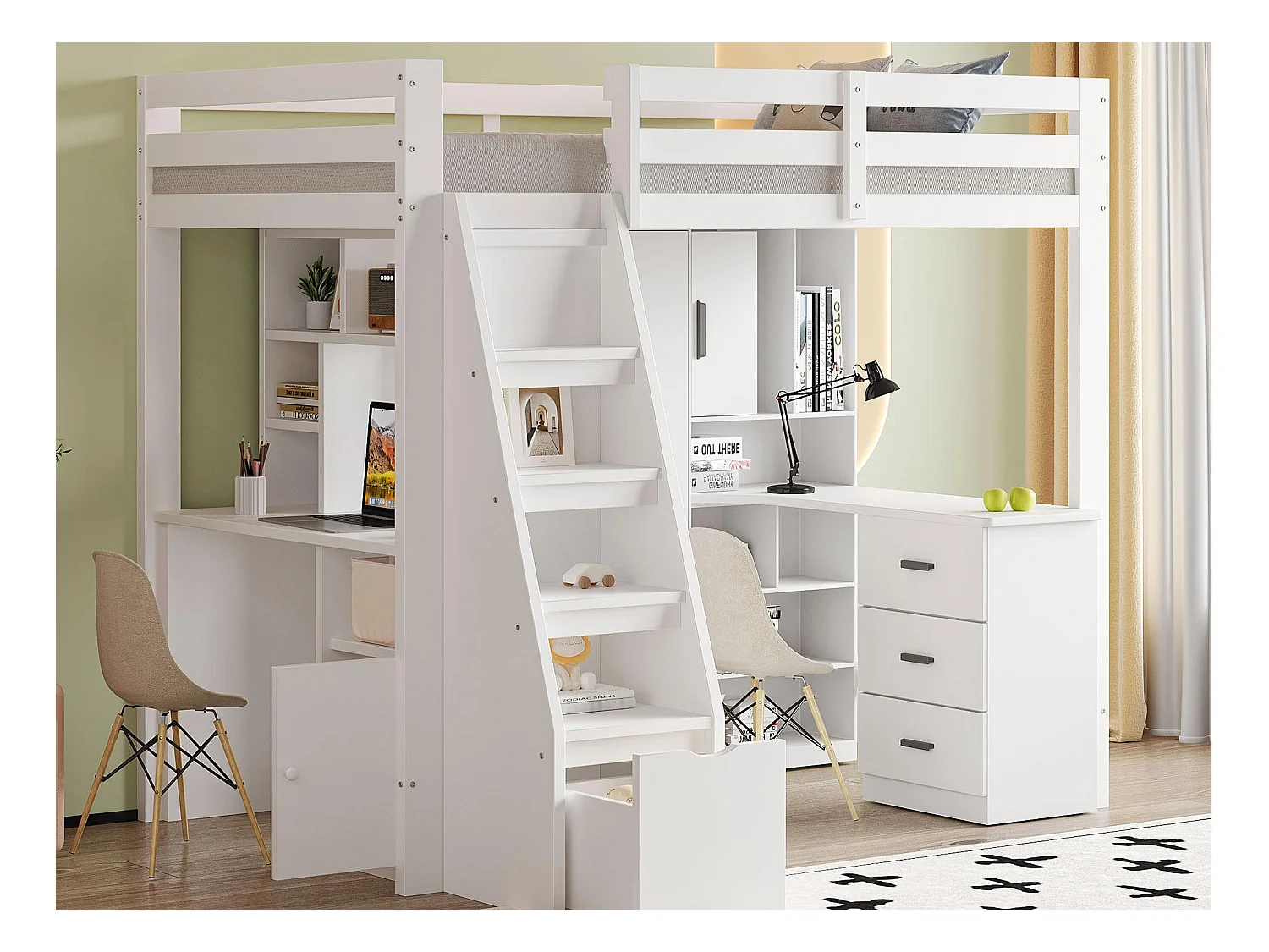 Lit mezzanine 90x200 cm - avec étagères - avec échelle de sécurité - avec 1 porte et 1 tiroir - blanc