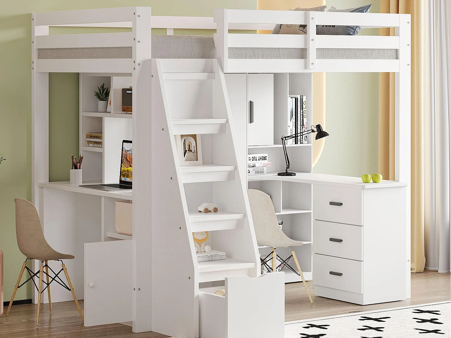 Lit mezzanine 90x200 cm - avec étagères - avec échelle de sécurité - avec 1 porte et 1 tiroir - blanc