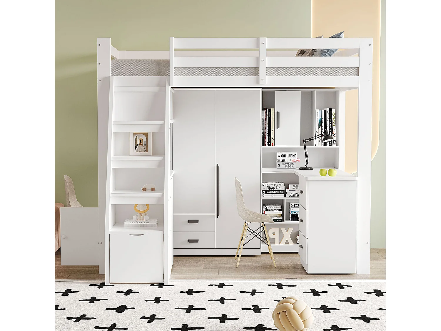 Lit mezzanine 90x200 cm - avec étagères - avec échelle de sécurité - avec 1 porte et 1 tiroir - blanc