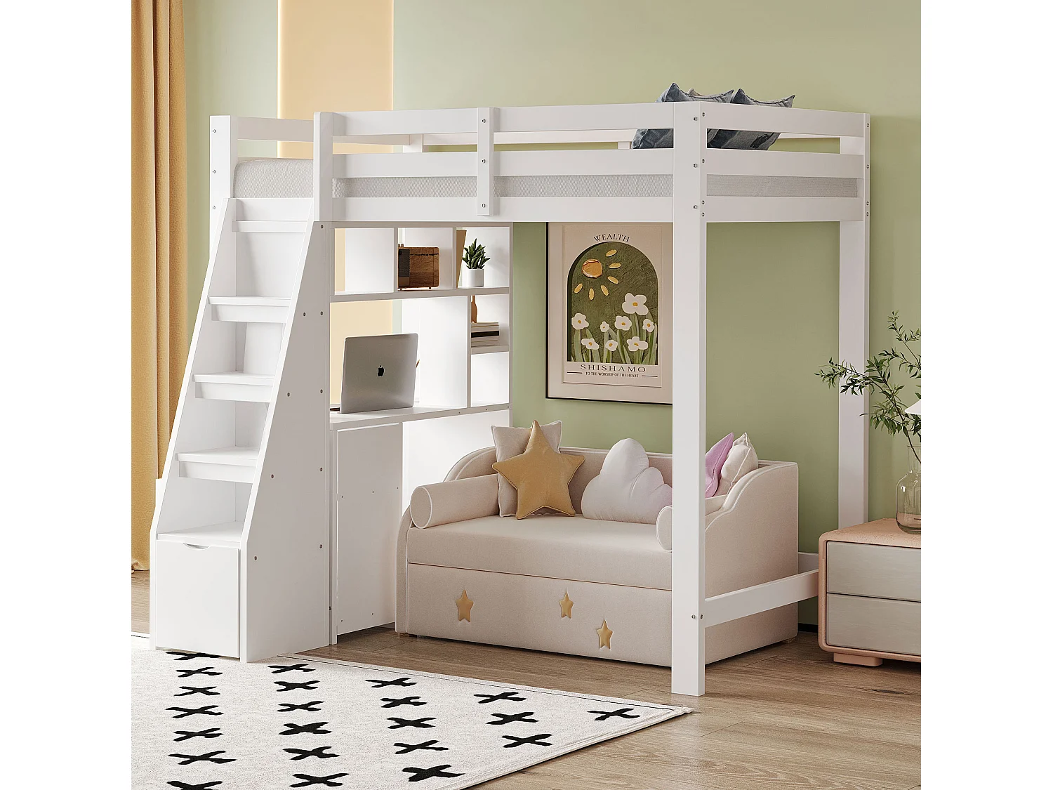 Lit mezzanine 90x200 cm - avec étagères - avec échelle de sécurité - avec 1 porte et 1 tiroir - blanc