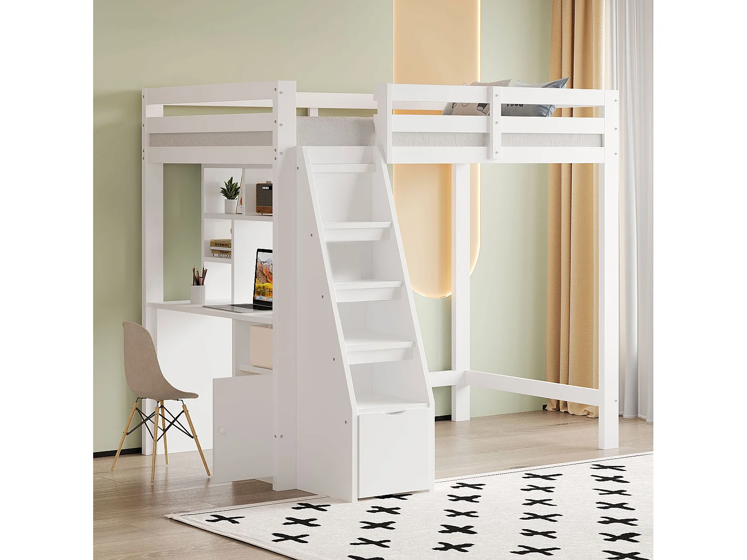 Lit mezzanine 90x200 cm - avec étagères - avec échelle de sécurité - avec 1 porte et 1 tiroir - blanc