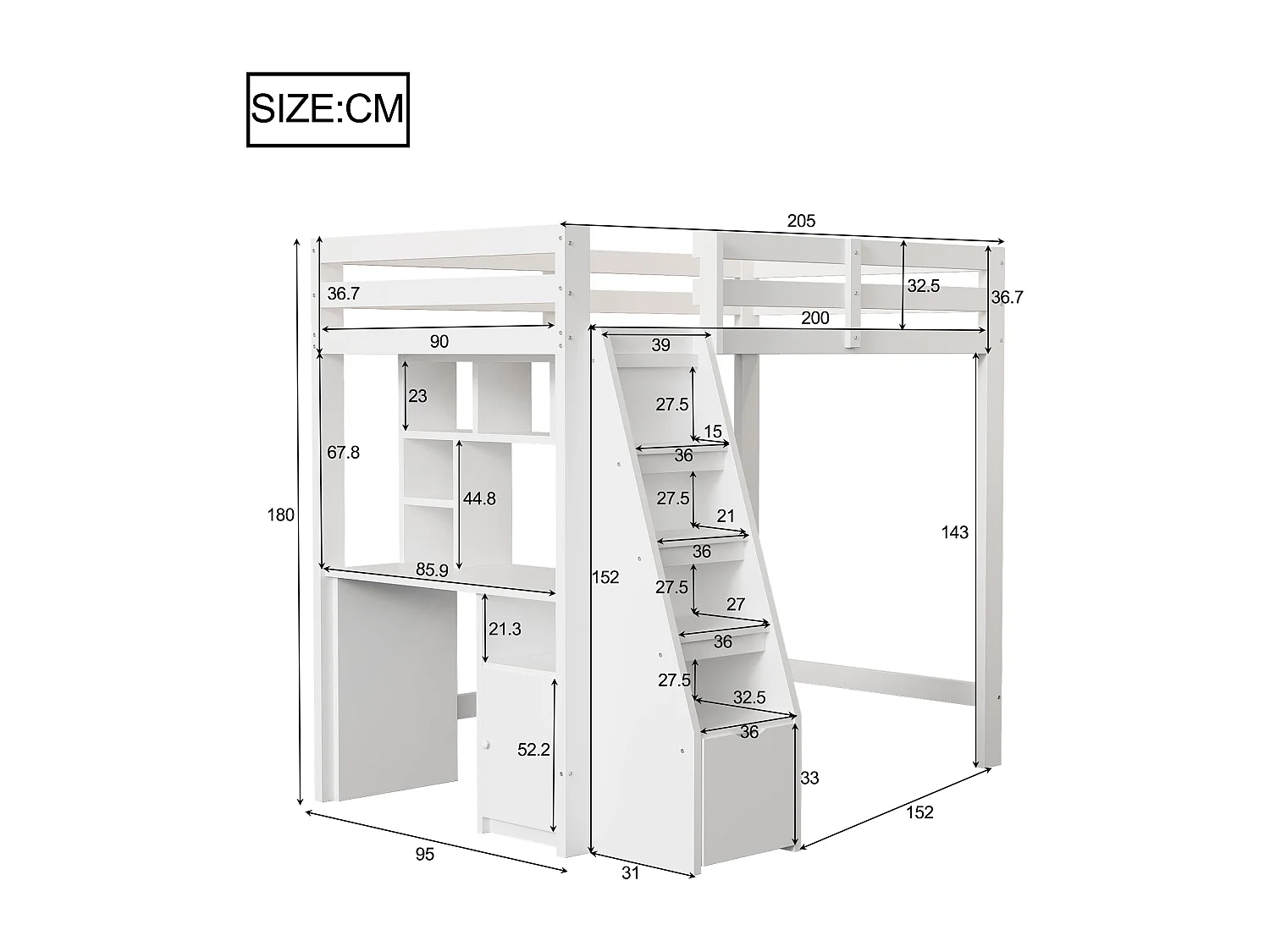 Lit mezzanine 90x200 cm - avec étagères - avec échelle de sécurité - avec 1 porte et 1 tiroir - blanc