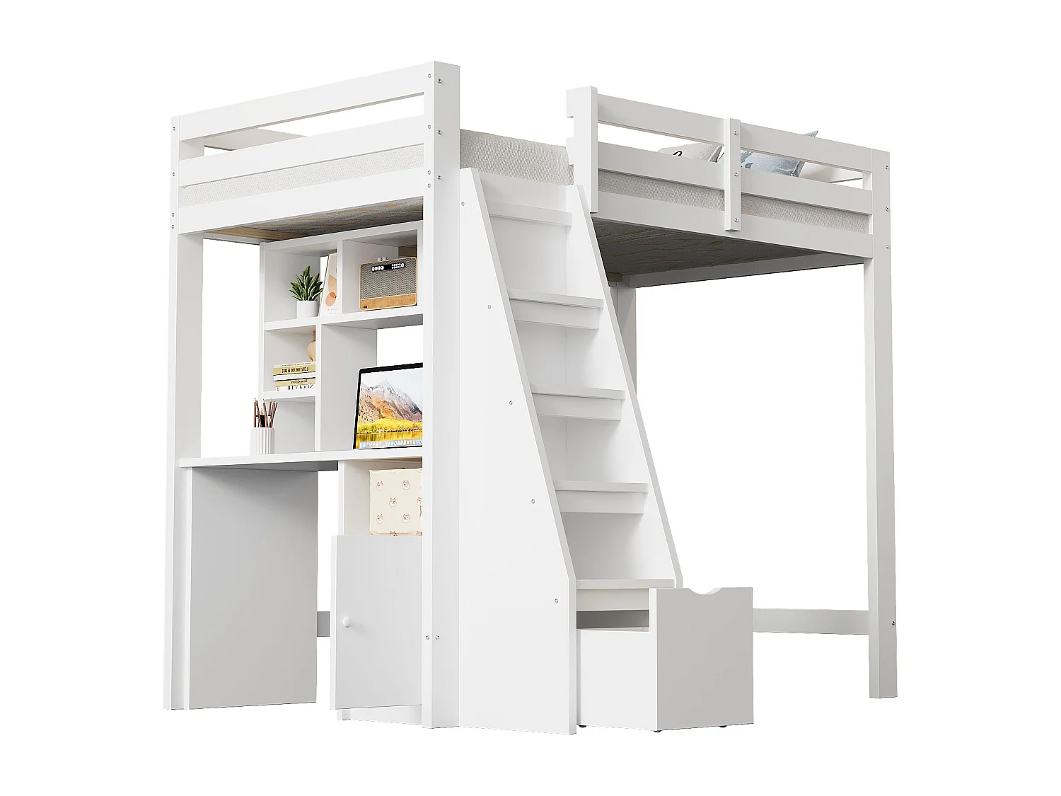 Lit mezzanine 90x200 cm - avec étagères - avec échelle de sécurité - avec 1 porte et 1 tiroir - blanc