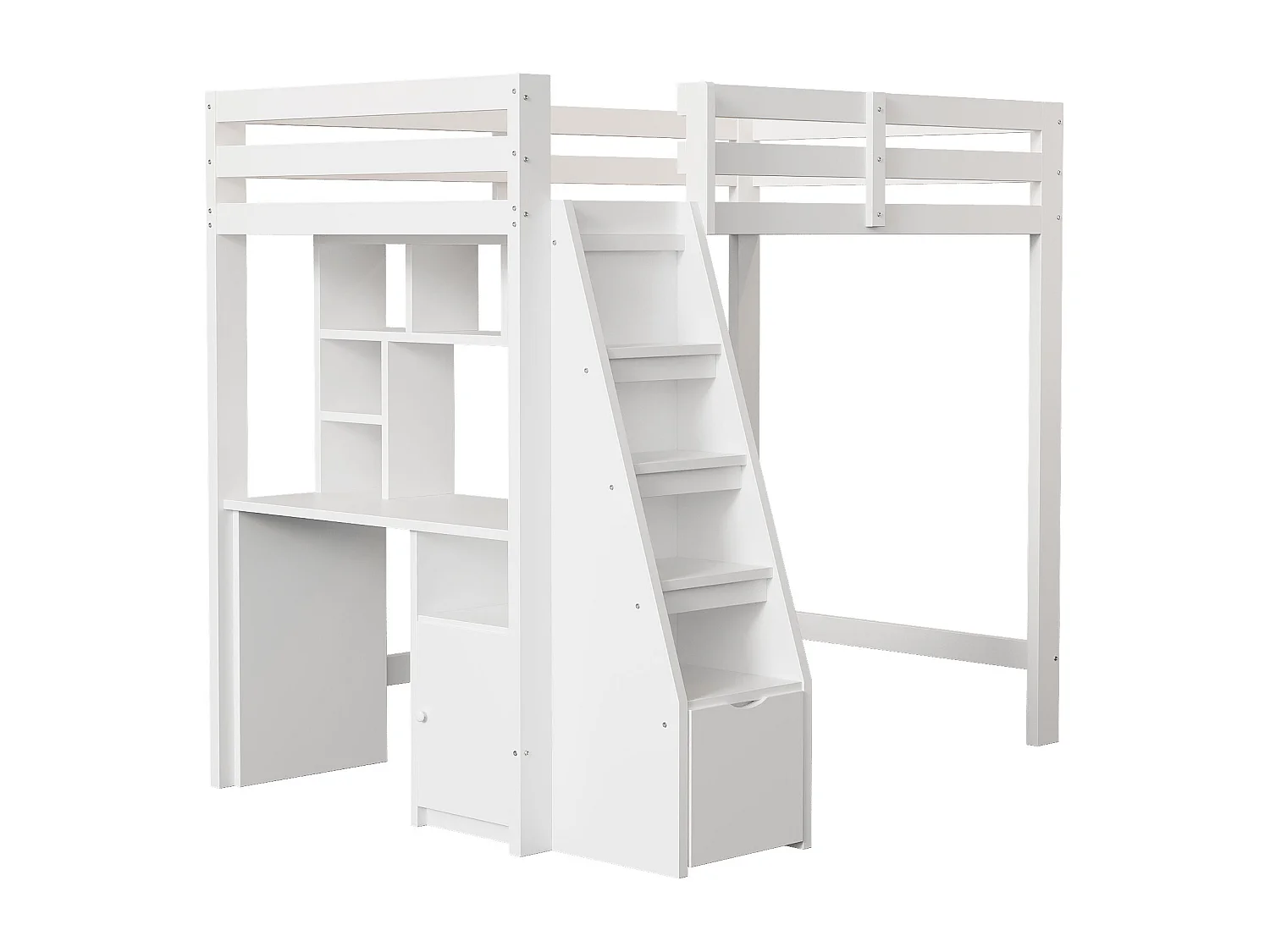 Lit mezzanine 90x200 cm - avec étagères - avec échelle de sécurité - avec 1 porte et 1 tiroir - blanc