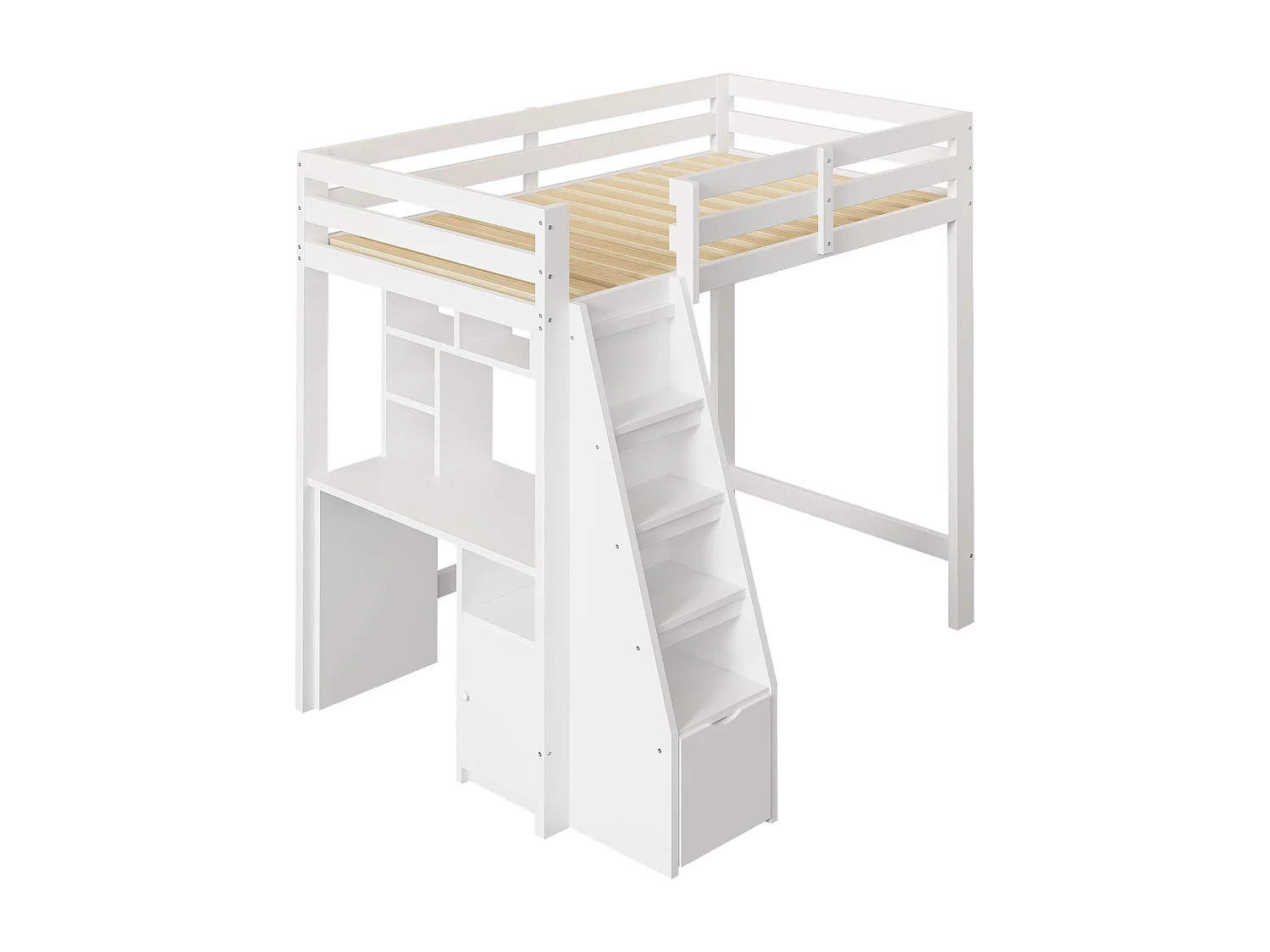 Lit mezzanine 90x200 cm - avec étagères - avec échelle de sécurité - avec 1 porte et 1 tiroir - blanc