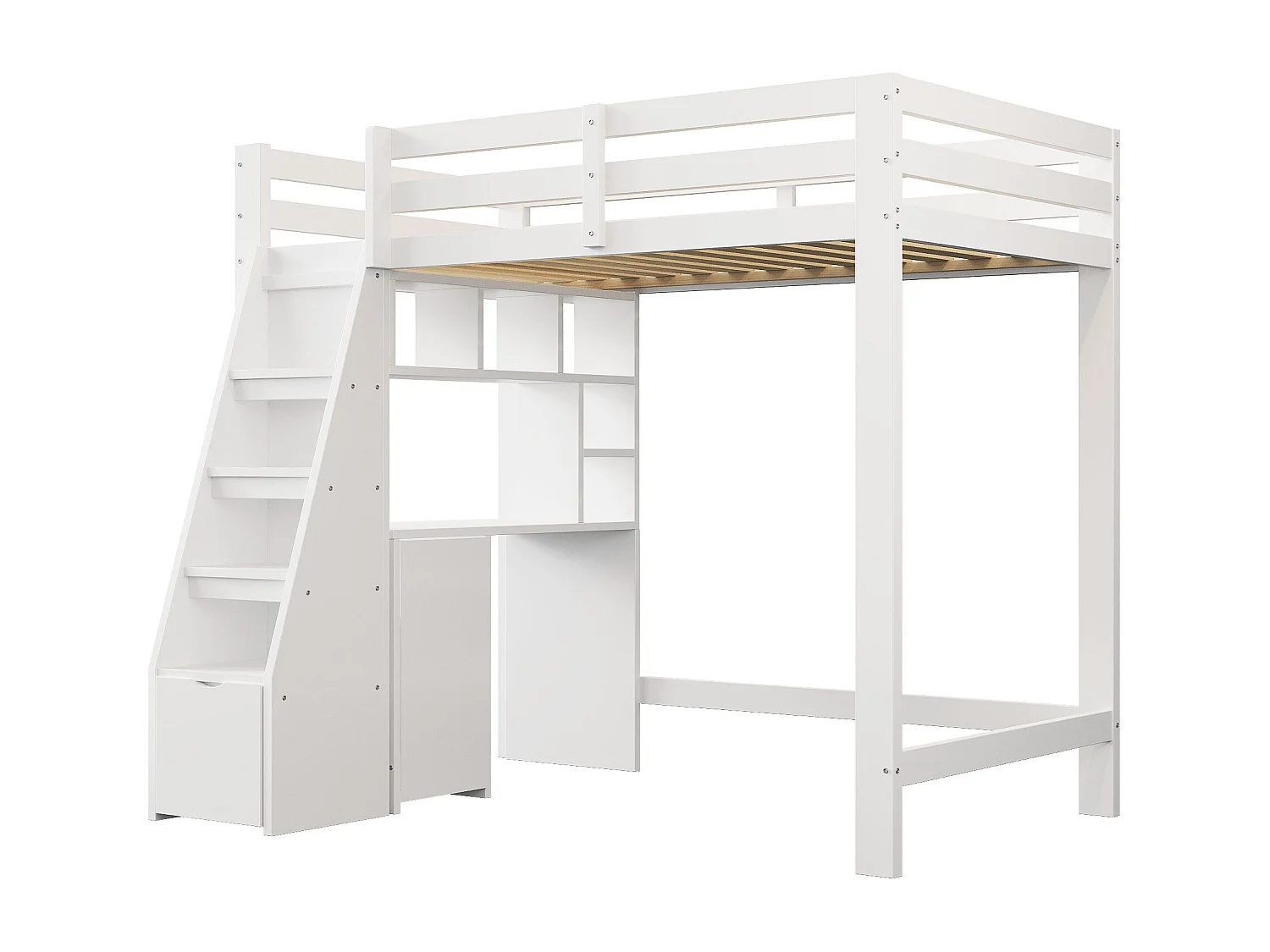 Lit mezzanine 90x200 cm - avec étagères - avec échelle de sécurité - avec 1 porte et 1 tiroir - blanc