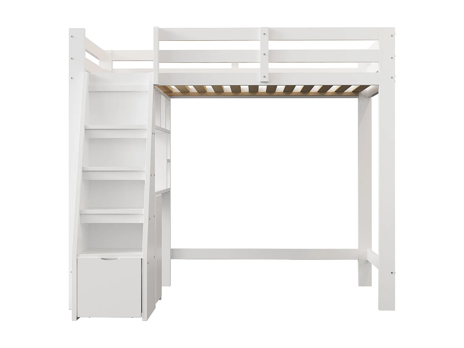 Lit mezzanine 90x200 cm - avec étagères - avec échelle de sécurité - avec 1 porte et 1 tiroir - blanc