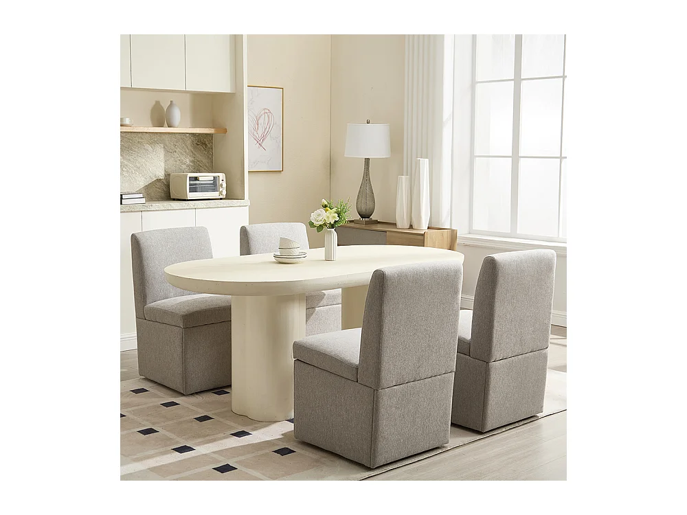 Chaise pivotante 2 pièces rembourrée blanc sans accoudoirs roulettes rangement lin gris clair