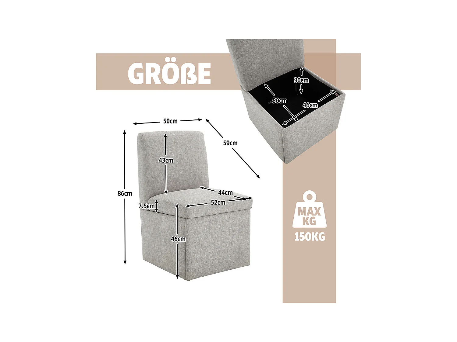 Chaise pivotante 2 pièces rembourrée blanc sans accoudoirs roulettes rangement lin gris clair