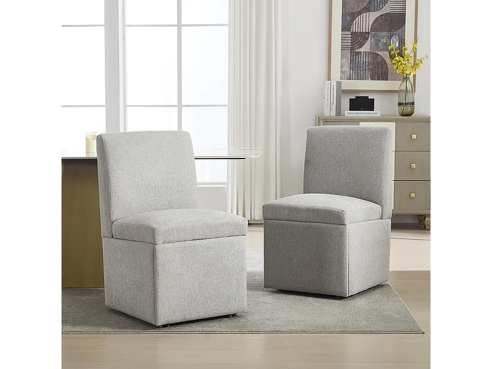 Chaise pivotante 2 pièces rembourrée blanc sans accoudoirs roulettes rangement lin gris clair