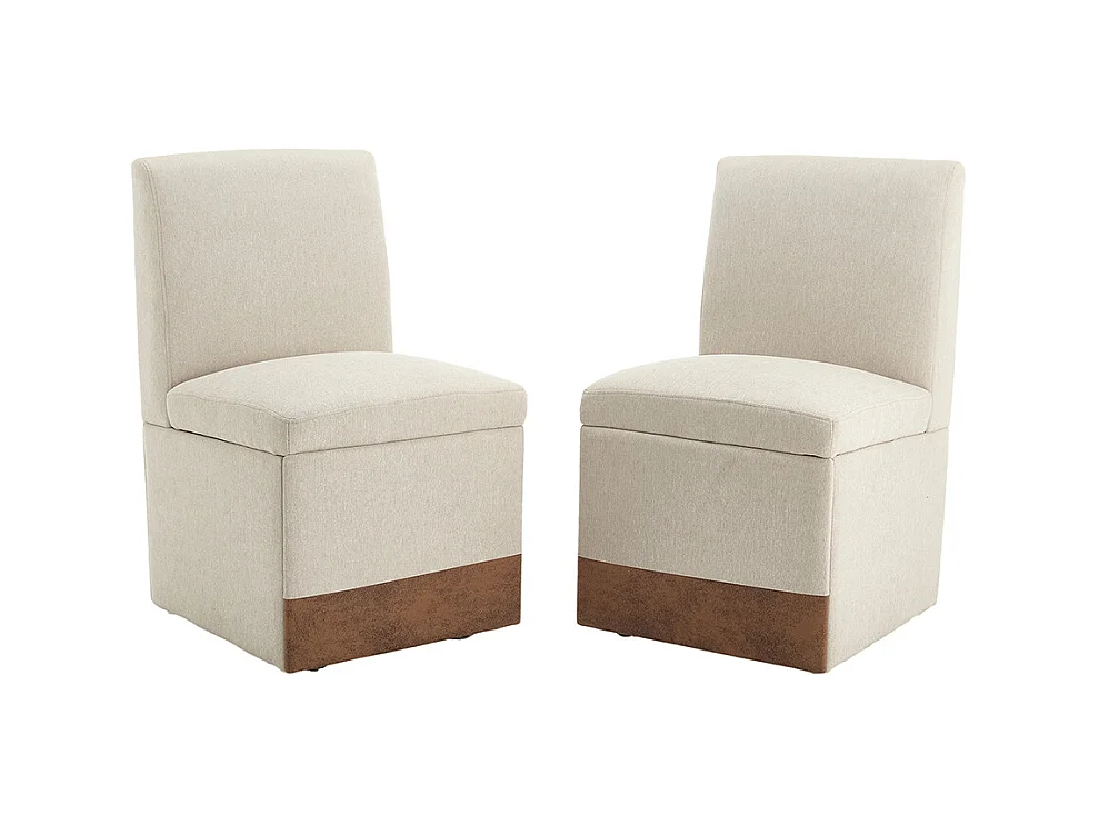 Chaise pivotante 2 pièces rembourrée blanc sans accoudoirs roulettes rangement lin beige