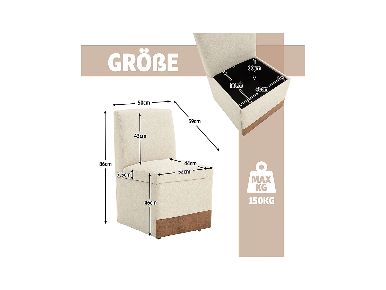 Chaise pivotante 2 pièces rembourrée blanc sans accoudoirs roulettes rangement lin beige