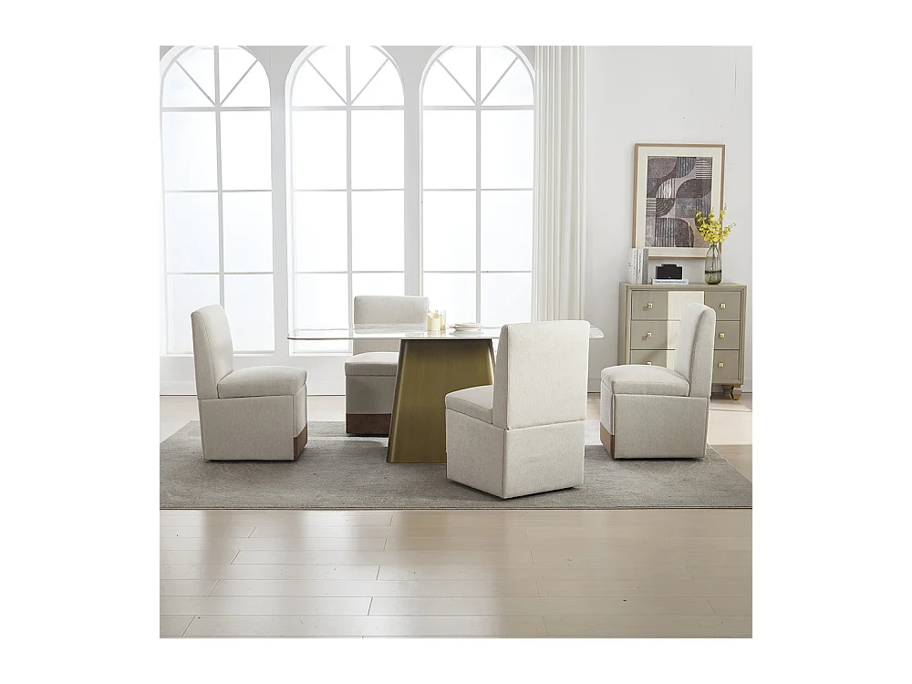 Chaise pivotante 2 pièces rembourrée blanc sans accoudoirs roulettes rangement lin beige