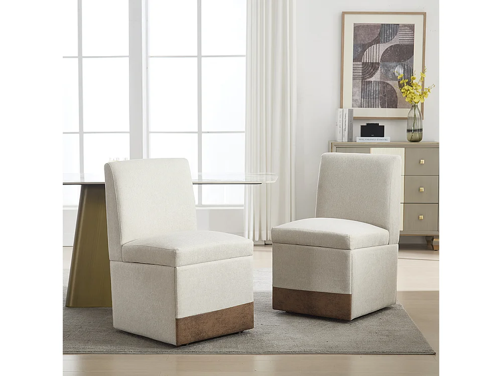 Chaise pivotante 2 pièces rembourrée blanc sans accoudoirs roulettes rangement lin beige