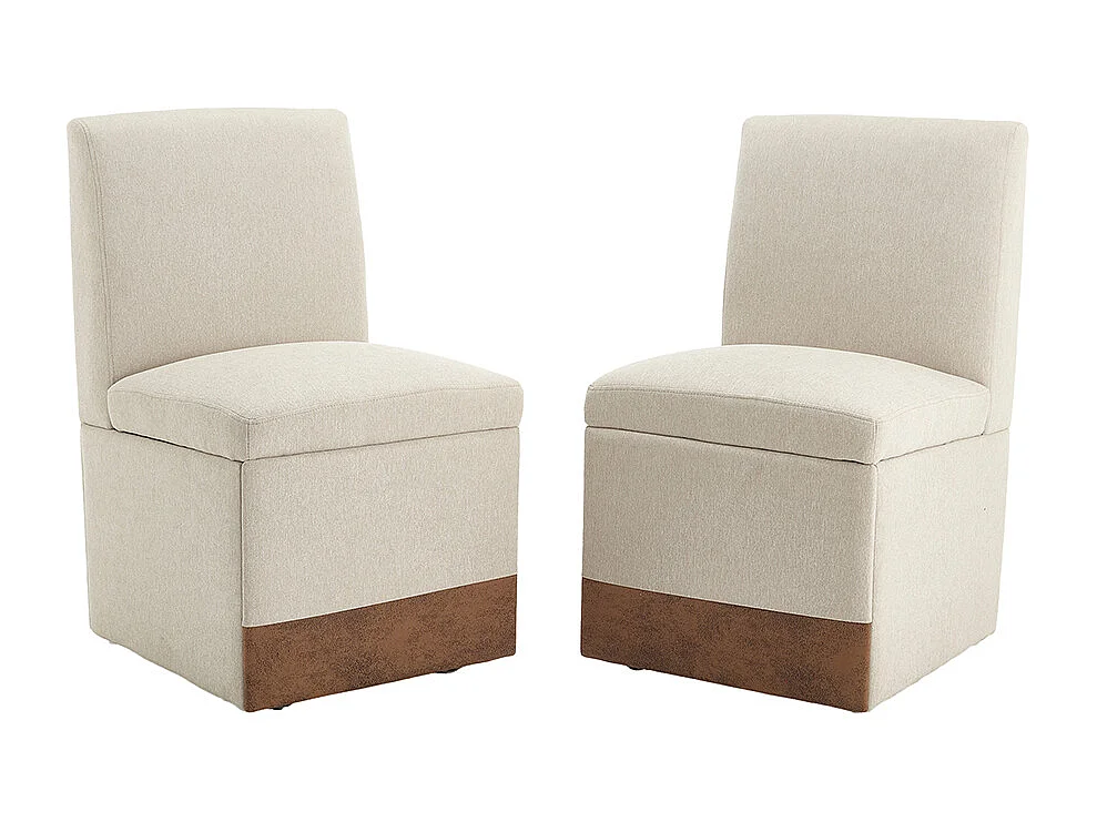 Chaise pivotante 2 pièces rembourrée blanc sans accoudoirs roulettes rangement lin beige