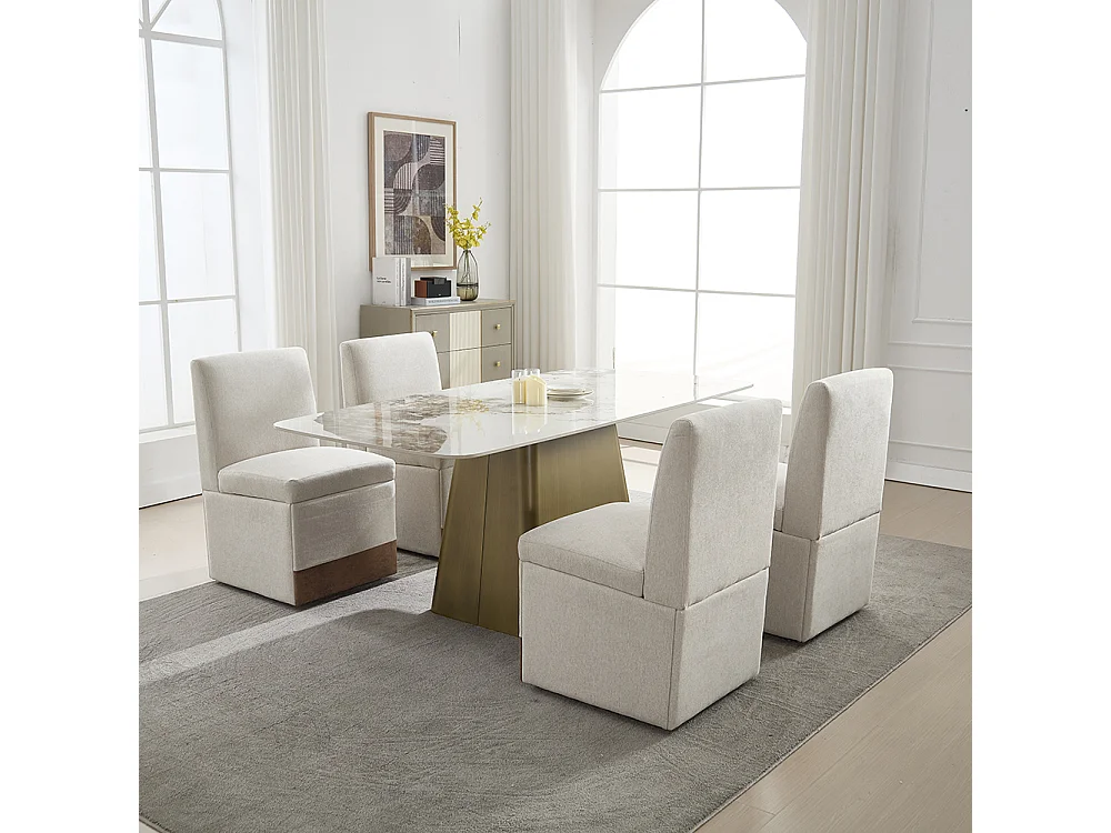 Chaise pivotante 2 pièces rembourrée blanc sans accoudoirs roulettes rangement lin beige