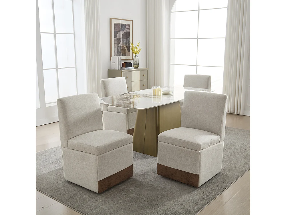 Chaise pivotante 2 pièces rembourrée blanc sans accoudoirs roulettes rangement lin beige