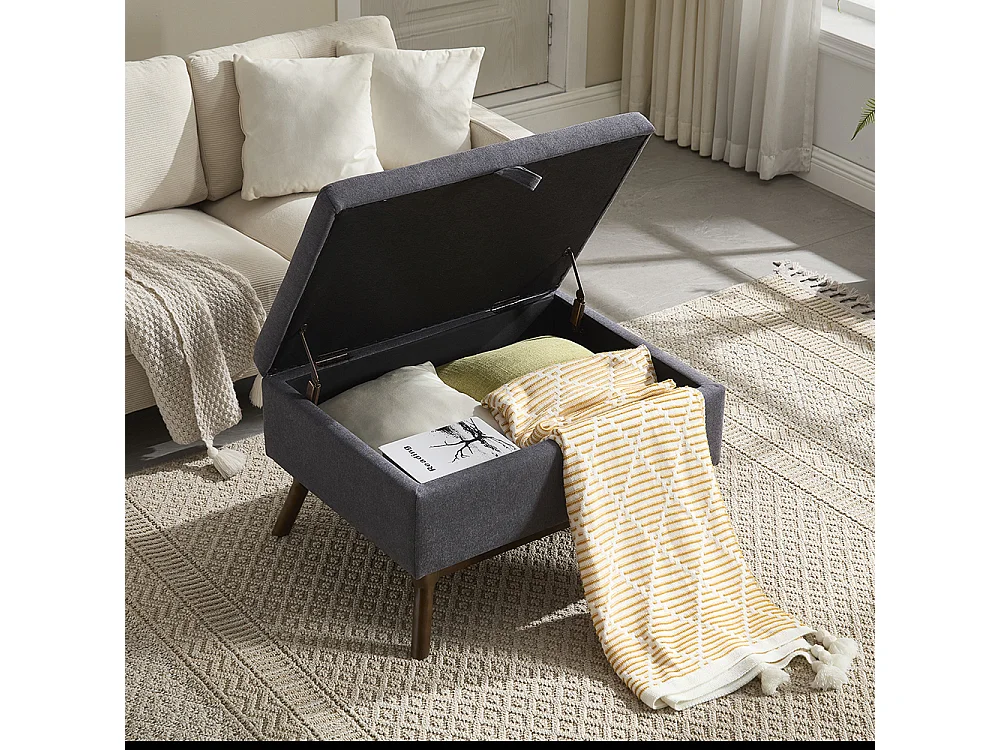 Banc carré milieu siècle rangement salon entrée salle familiale table basse repose pieds gris foncé