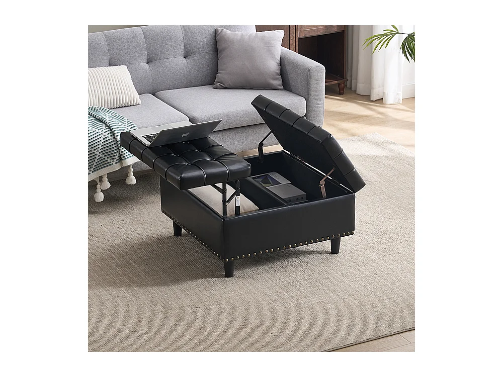 Banc rangement carré relevable grand capacité salon chambre bureau PU noir