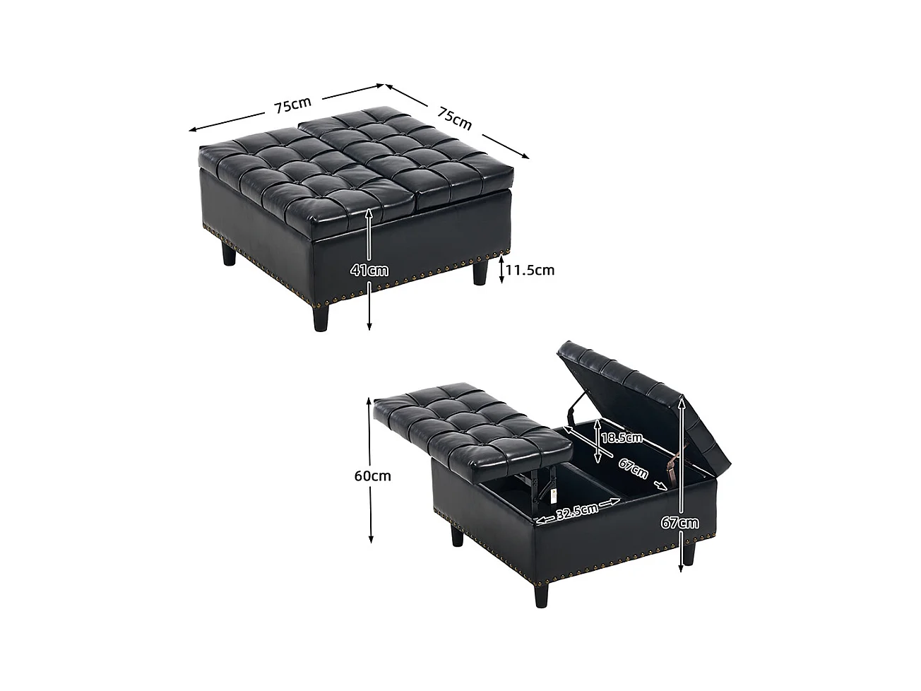 Banc rangement carré relevable grand capacité salon chambre bureau PU noir