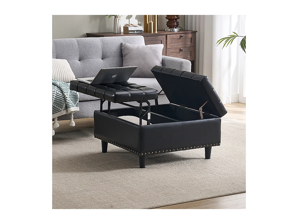 Banc rangement carré relevable grand capacité salon chambre bureau PU noir