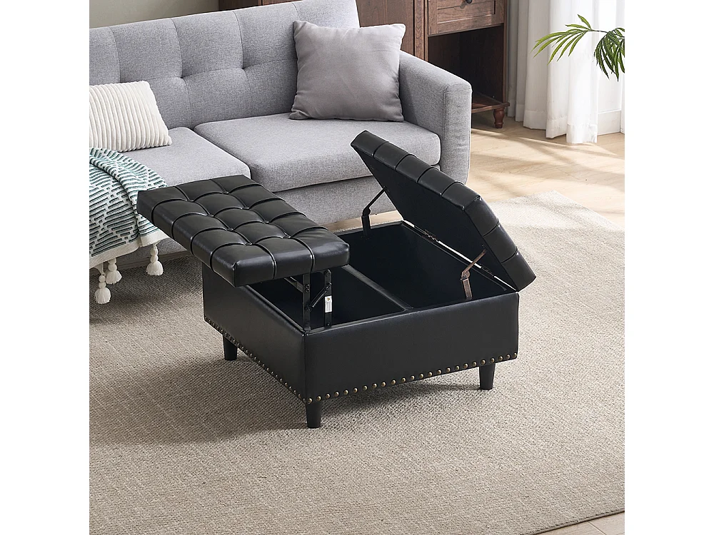 Banc rangement carré relevable grand capacité salon chambre bureau PU noir