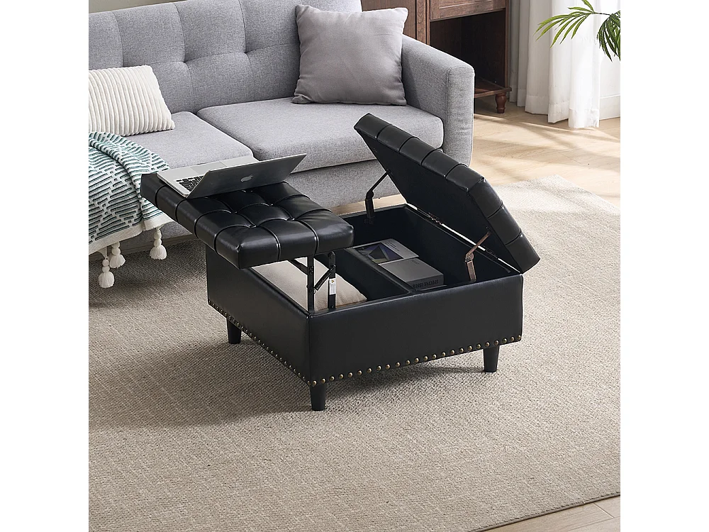 Banc rangement carré relevable grand capacité salon chambre bureau PU noir