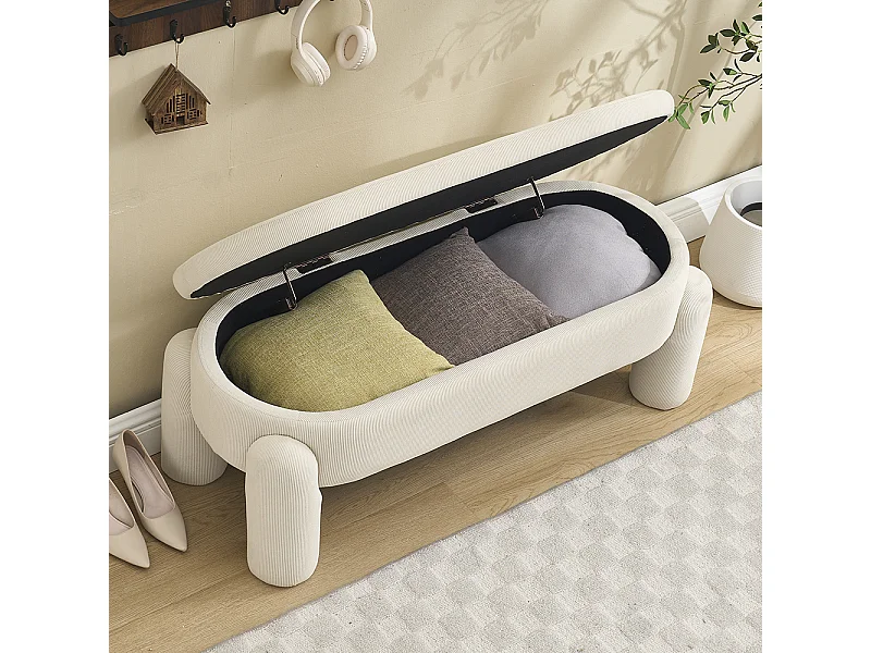 Banc rangement antidérapant chambre entrée salon chenille bois massif beige