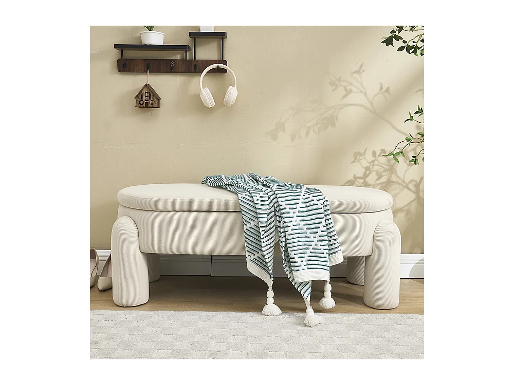 Banc rangement antidérapant chambre entrée salon chenille bois massif beige