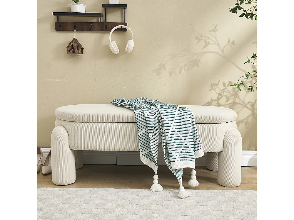 Banc rangement antidérapant chambre entrée salon chenille bois massif beige