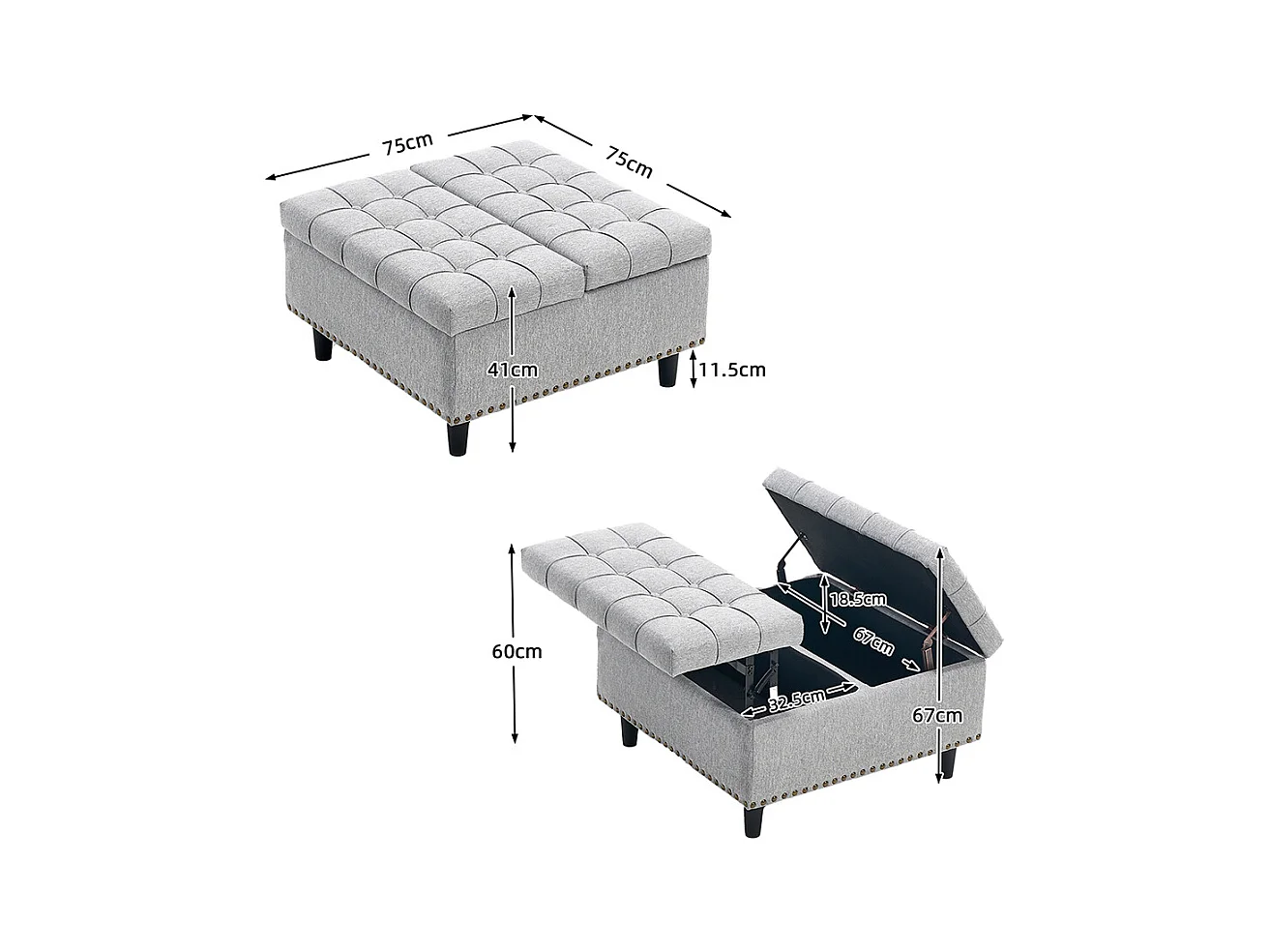 Banc rangement carré relevable grand capacité salon chambre bureau rembourré gris