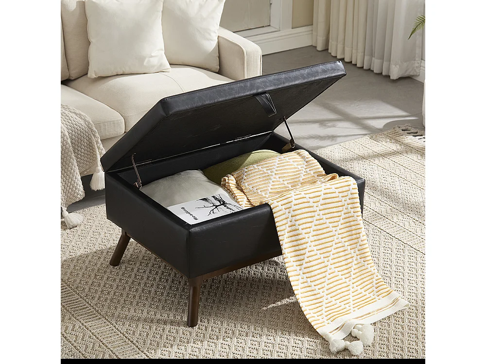 Banc carré milieu siècle rangement salon entrée salle familiale table basse repose pieds noir