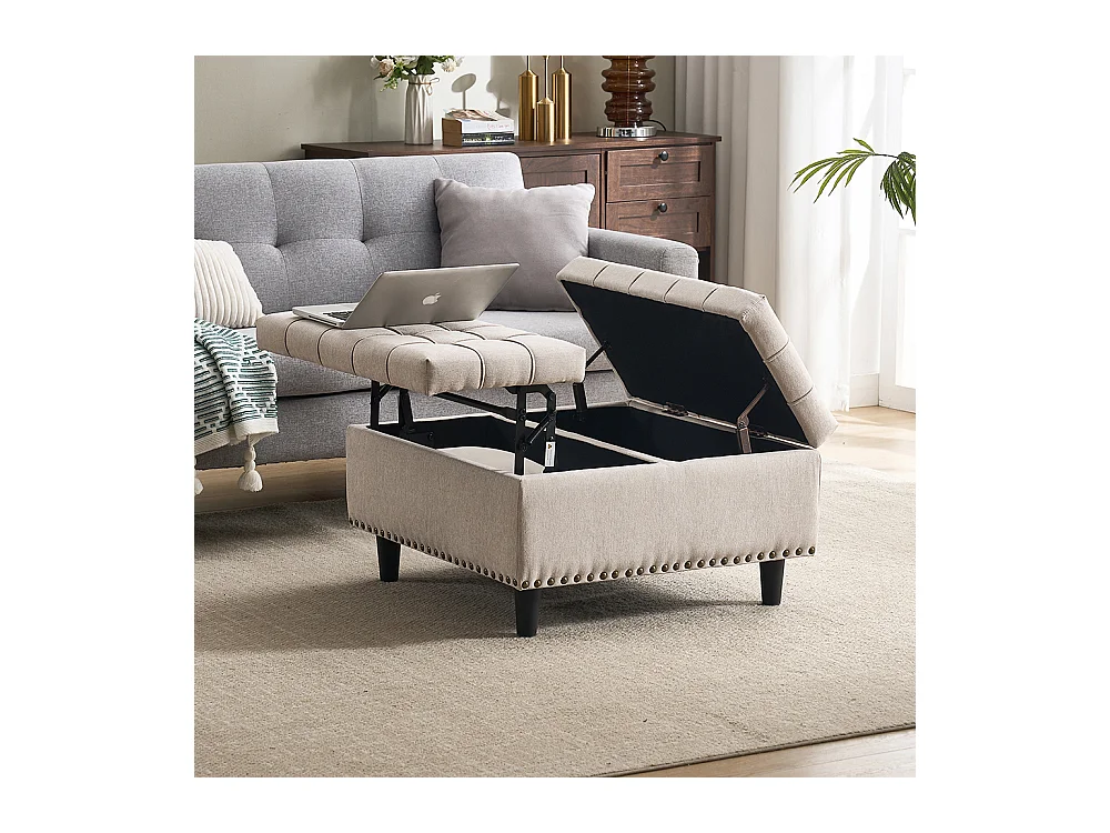 Banc rangement carré relevable grand capacité salon chambre bureau rembourré beige