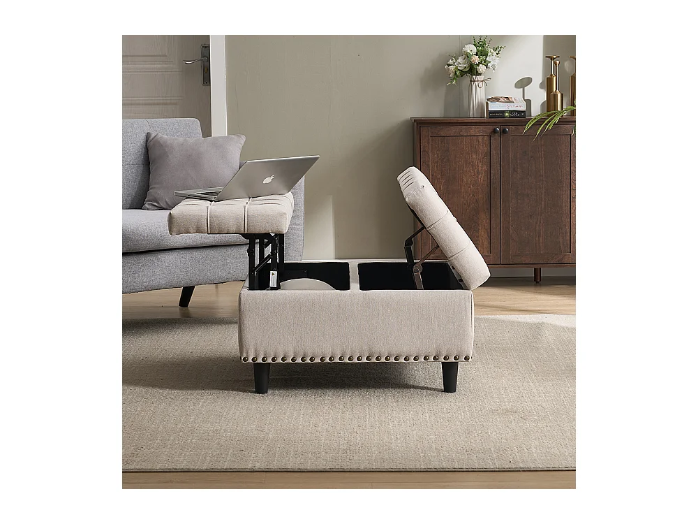 Banc rangement carré relevable grand capacité salon chambre bureau rembourré beige