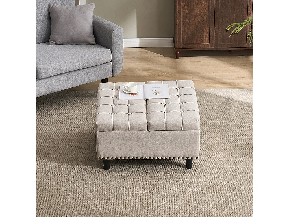 Banc rangement carré relevable grand capacité salon chambre bureau rembourré beige