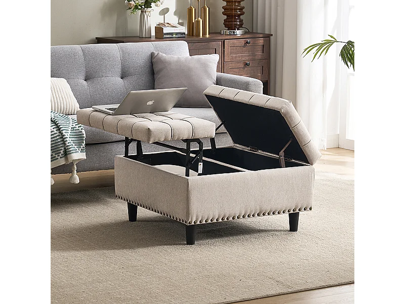 Banc rangement carré relevable grand capacité salon chambre bureau rembourré beige