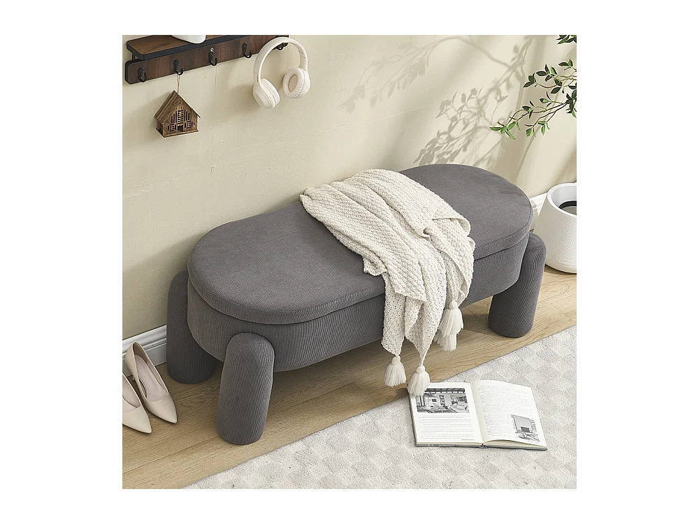 Banc rangement antidérapant chambre entrée salon chenille bois massif gris